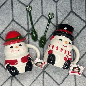 Mr. Christmas Set of 2 Nostalgic Ceramic Snowman Mugs w Lids & Spoons NWT